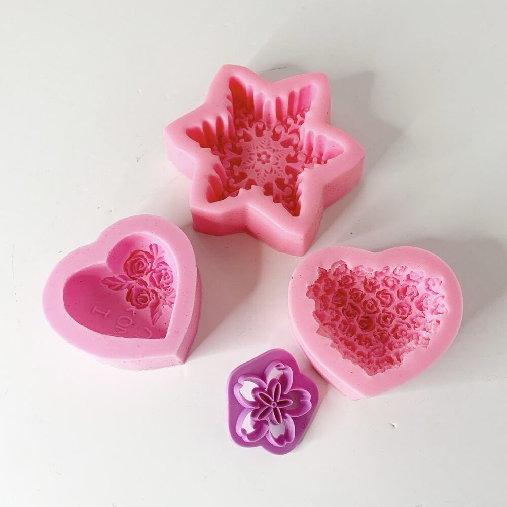Silicone Mold Lot Of 3 Heart Snowflake Mould Wax Soap Chocolate Resin Clay
